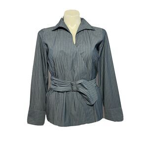 Talbots Wrap Top 14 Slate Gray White‎ Pinstripe Long Sl Collar Belted Blouse